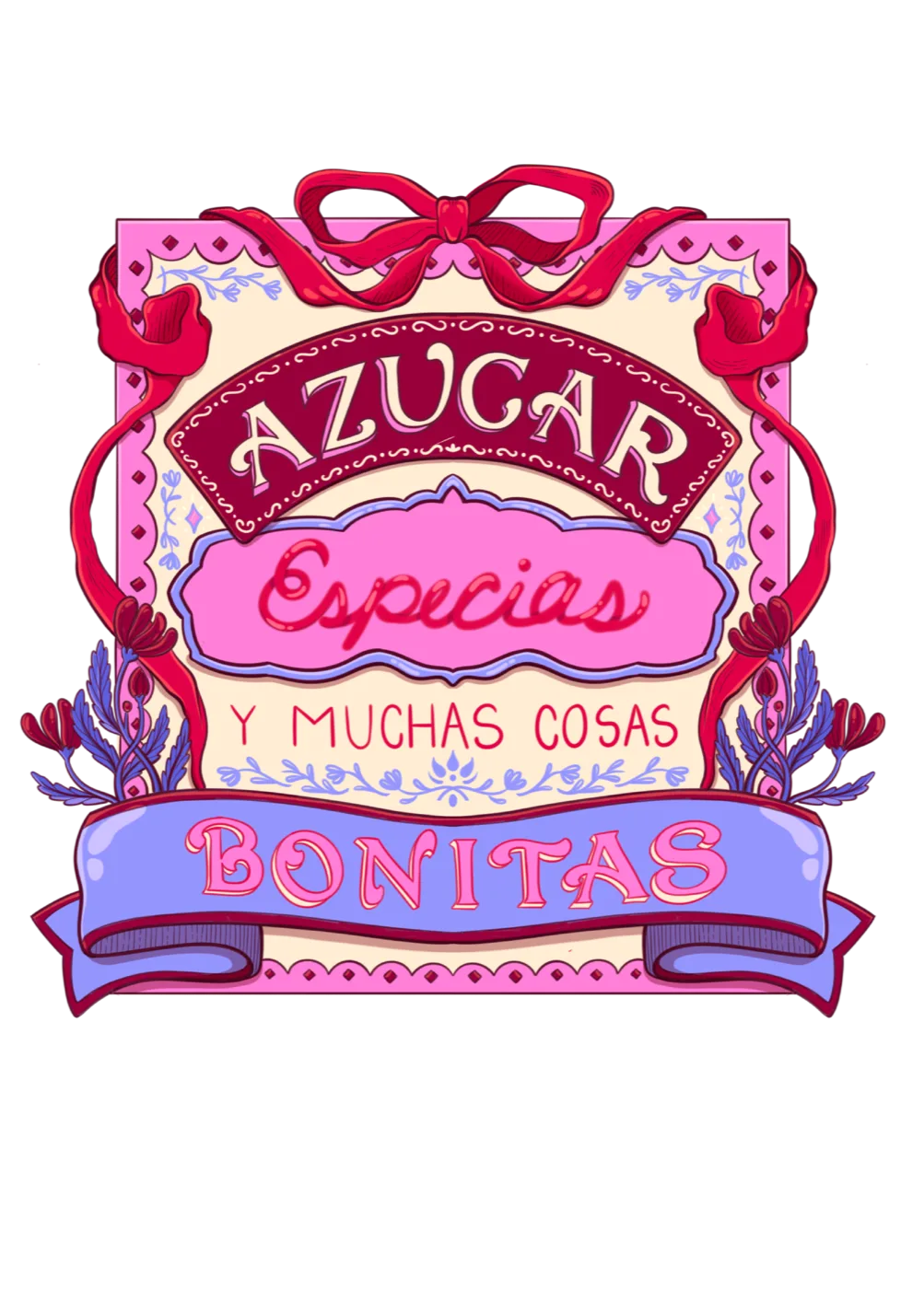 Azúcar hand-lettered pantry label with ribbons — illustration by Lizy Del Busto